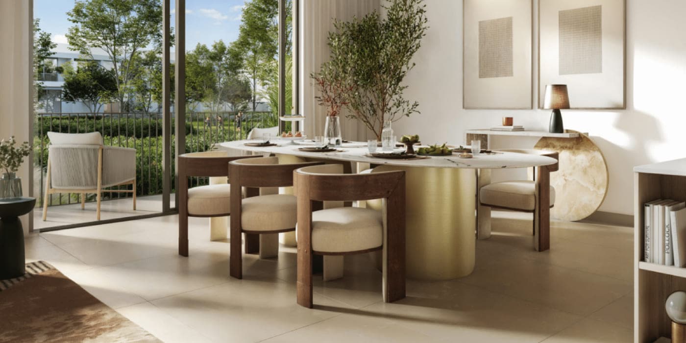 Alva at The Valley by Emaar — Dining and living, opening to the garden