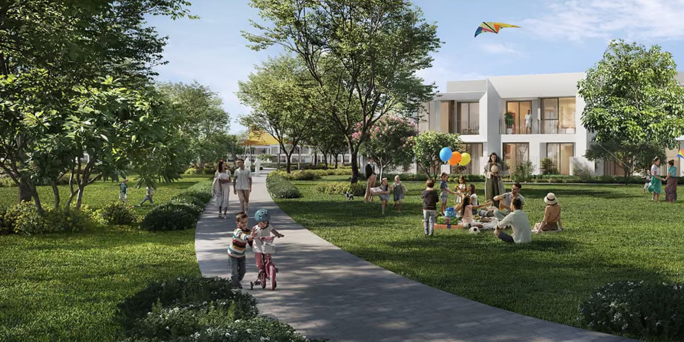 The Valley by Emaar — landscaped park, cycling paths and family lawns beside the townhouses